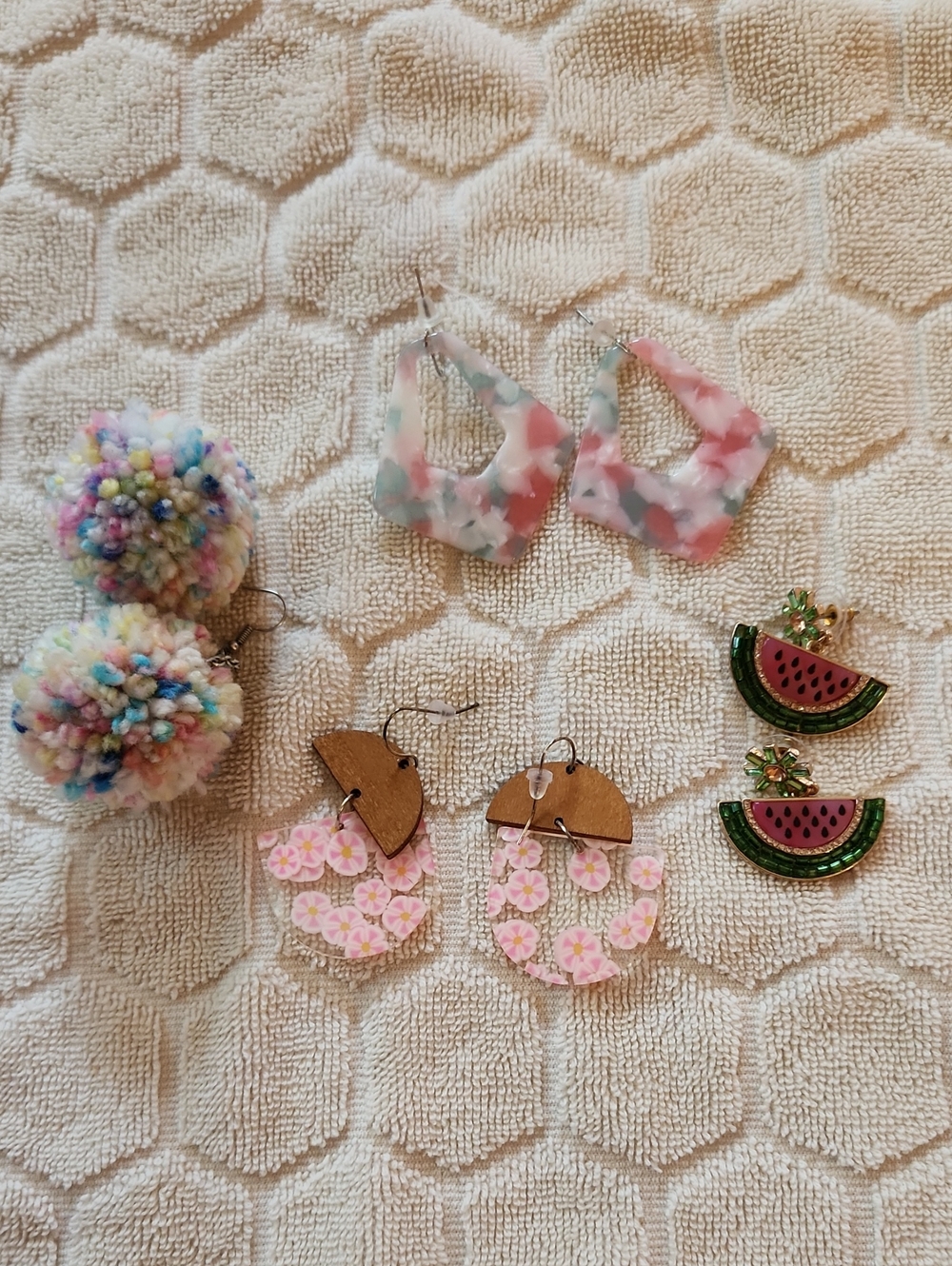 Multicolor Pastel Resin & Pom Pom Earrings Set